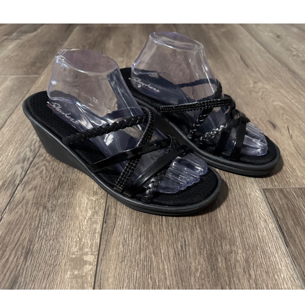 Skechers Memory Foam Black Wedge Sandals Strappy Braided‎ Size 11 Women's